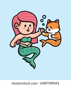 cute mermaid having fun with cats