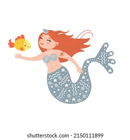 Cute  mermaid with her friend  golden fish. Cartoon girl siren playing in the Sea or Ocean with swimming fish. Hand drawn vector illustration, isolated. Flat design. Idea for print on kids shampoo etc