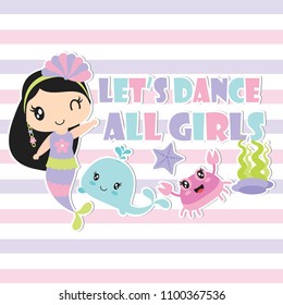 Cute mermaid and her friends are dancing vector cartoon illustration for Kid t-shirt background design, postcard, and wallpaper