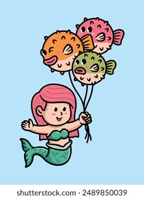 cute mermaid holding balloons illustration