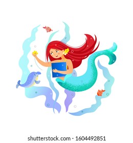 Cute mermaid holding a book and a flower in a circle of a dolphin, fish, algae on a white background.