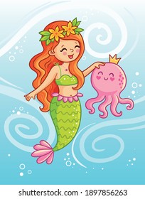 Cute mermaid holds an octopus underwater in her hands. Vector illustration in cartoon style.