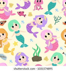 Cute Mermaid illustraion seamless pattern