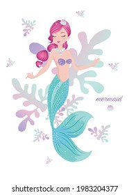 
Cute mermaid illustration with fishes, concept kids print, hand drawn, vector illustration, greeting and invitation cards.