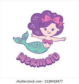 cute mermaid illustration for kids party invitation, logo, marine sea life, drawing
