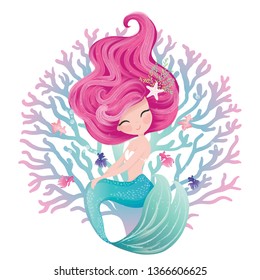 Cute mermaid illustration with lovely corals and fishes, mermaid graphic for kids prints, t shirts, wallpapers, birthday cards, postcards, children products. Lovely mermaid for girls swimsuits.