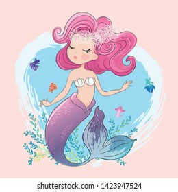 Cute mermaid illustration with lovely corals and fishes, mermaid graphic for kids prints, t shirts, wallpapers, birthday cards, postcards, children products. Lovely mermaid for girls swimsuits.