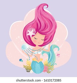 Cute mermaid illustration with lovely corals and fishes, mermaid graphic for kids prints, t shirts, wallpapers, birthday cards, postcards, children products. Lovely mermaid for girls swimsuits.