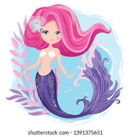 Cute mermaid illustration with lovely mosses, marine collection, mermaid graphic for kids prints, t shirts, wallpapers, birthday cards, patterns, children products. Lovely mermaid for girls swimsuit.
