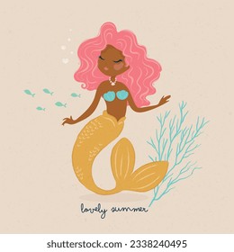 Cute mermaid illustration, mermaid soul, summer artworks, vector illustration for kids fashion artworks, children books, greeting cards.