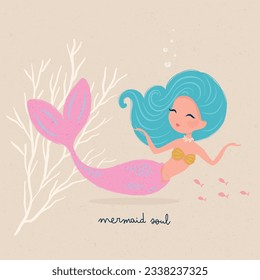 Cute mermaid illustration, mermaid soul, vector illustration for kids fashion artworks, children books, greeting cards.