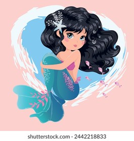 Cute mermaid illustration, vector graphic, Artwork for children wallpapers, fabric prints, textile graphics, post cards, birthday party stickers.