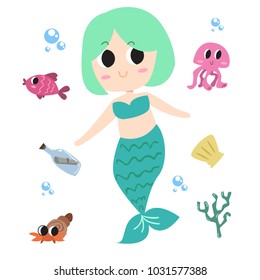 Cute mermaid illustration vector in the sea