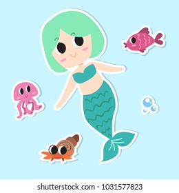 Cute mermaid illustration vector in the sea