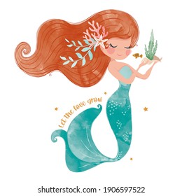 Cute mermaid illustration in watercolor boho style, vector graphic for kids fashion, boho sea life.