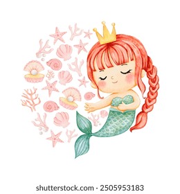 Ilustración de sirena linda en estilo colorido de acuarela, gráfico de Vector para moda infantil, vida marina en pastel, encantador gráfico de sirena para niños imprime Vector