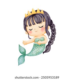 Ilustración de sirena linda en estilo colorido de acuarela, gráfico de Vector para moda infantil, vida marina en pastel, encantador gráfico de sirena para niños imprime Vector