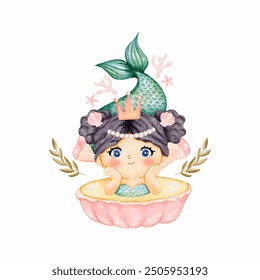 Cute mermaid illustration in watercolor colorful style, vector graphic for kids fashion, pastel sea life, lovely mermaid graphic for kids prints vector