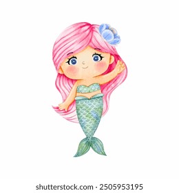 Cute mermaid illustration in watercolor colorful style, vector graphic for kids fashion, pastel sea life, lovely mermaid graphic for kids prints vector