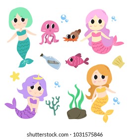 Cute mermaid iluustration collection set