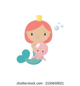Cute Mermaid with jellyfish . Cartoon style. Vector illustration. For card, posters, banners, children books, printing on the pack, printing on clothes, fabric, wallpaper, textile or dishes.