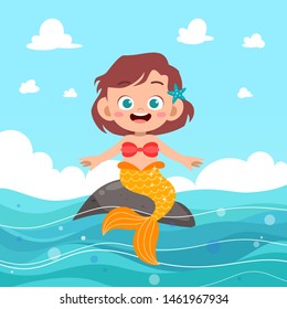 cute mermaid kid girl vector illustration