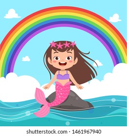 cute mermaid kid girl vector illustration