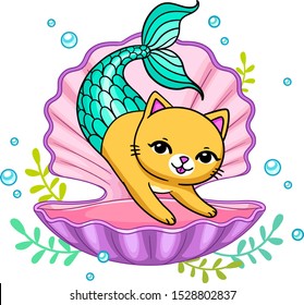 Cute mermaid kitten in pink seashell. Vector illustration isolated 