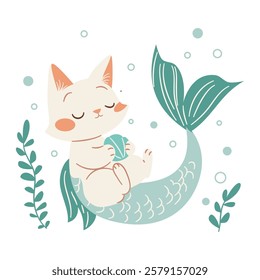 Cute mermaid kitten swimming in the sea holding a shell. Flat vector illustration in a simple children's stiletto