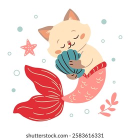 Cute mermaid kitten swimming in the sea holding a shell. Flat vector illustration in a simple children's style