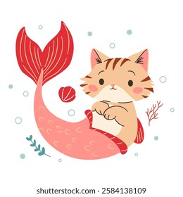 Cute mermaid kitten swimming in the sea. Flat vector illustration in a simple children's style