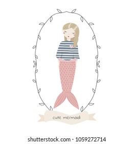 Cute mermaid with lettering. Vector hand drawn illustration.