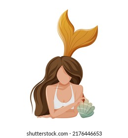 Cute mermaid lies, holds a shell. Vector illustration, cartoon nautical style. Fairytale character