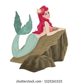 Cute mermaid lies on a stone in the sea. Vector cartoon illustration isolated on white background. Flat style drawing. For kids fashion artworks, children books, greeting cards. Girl print