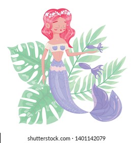 Cute mermaid with little fish and palm leaves vector illustration for kids fashion artworks, children books, greeting cards