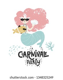 Cute mermaid with little fish and shell in cartoon style. Vector illustration. Hand drawn lettering Carnival party. For kids poster, card, nursery, birthday invitation, carnival design