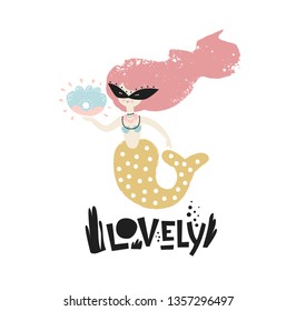 Cute mermaid with little fish and shell in cartoon style. Vector illustration. Hand drawn lettering Lovely. For kids poster, card, nursery, birthday invitation, carnival design