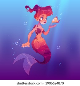 Cute mermaid with little fish underwater in sea. Vector cartoon person, beautiful girl fish with red hair and tail in ocean water with bubbles. Fairy tale or mythology character, pretty mermaid