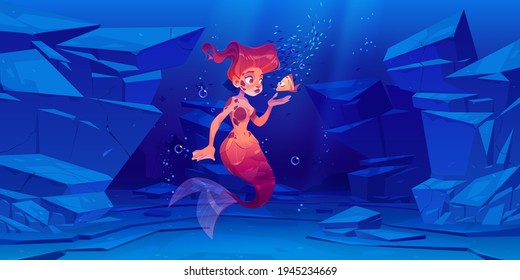 Cute mermaid with little fish underwater in sea