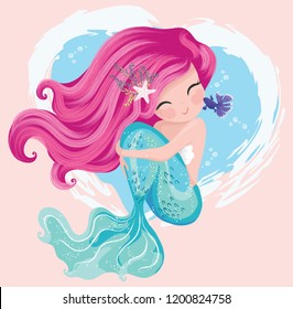 Симпатичная русалка с маленькой рыбкой вектор иллюстрации для детей модные произведения искусства, детские книги, поздравительные открытки.