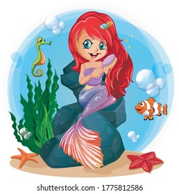 Cute mermaid with little fish. Vector illustration for children