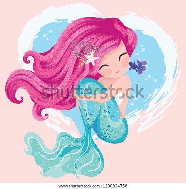 Cute mermaid\
with little fish vector illustration for kids fashion artworks,\
children books, greeting\
cards.