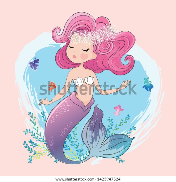 Cute mermaid with little fishes vector illustration