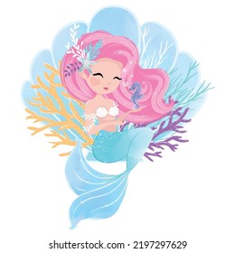 Cute mermaid with little seahorse and corals, marine collection, vector illustration, lovely mermaid graphic for kids prints, t shirts, wallpapers, birthday cards, children products, girls swimsuits.