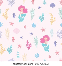 Cute mermaid with little seahorse seamless pattern, vector illustration. Illustration for kids fashion artworks, children books, greeting cards, t-shirt prints, wallpapers.