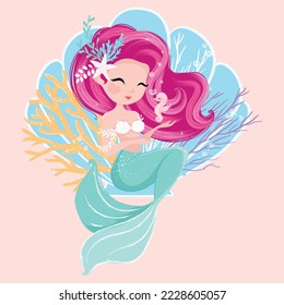 Cute mermaid with little seahorse, vector illustration, mermaid graphic for kids prints, t shirts, wallpapers, birthday cards, postcards, children products. Lovely mermaid for girls swimsuits.