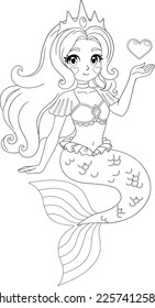 Cute mermaid with long hair. Isolated outline for coloring book