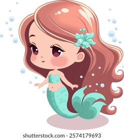 Cute mermaid with long hair swimming in a whimsical underwater scene surrounded by bubbles