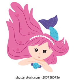 Cute mermaid with long hair. Vector illustration for children's books, postcards, invitations. Isolated white background, cartoon style.