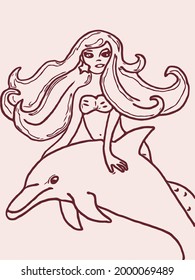 a cute mermaid looks out from behind a dolphin. mermaid and dolphin friends